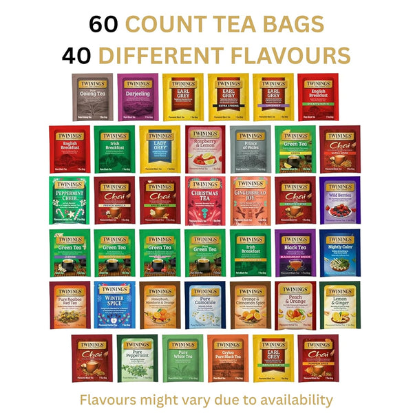 Twinings Tea Bag Sampler Variety with Brown Wooden Organizer (60 Tea Bags) 40 Different Flavors, Gift for Tea Lovers: Women, Men, Mom, Dad,