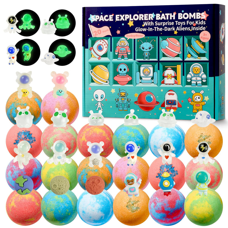 20 Pack Galaxy Bath Bombs for Kids with Space Explorer Toys, Cosmic Adventure Kids Bath Bombs with Astronauts, Rockets, Planets & Glow-In-The-Dark