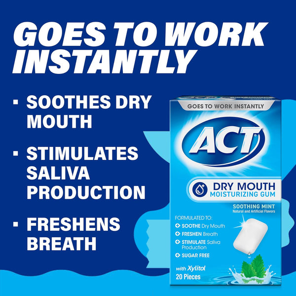 ACT Dry Mouth Moisturizing Gum, 20 Pieces, With Xylitol, Sugar Free Soothing Mint Mint 1 Count (Pack of 20)