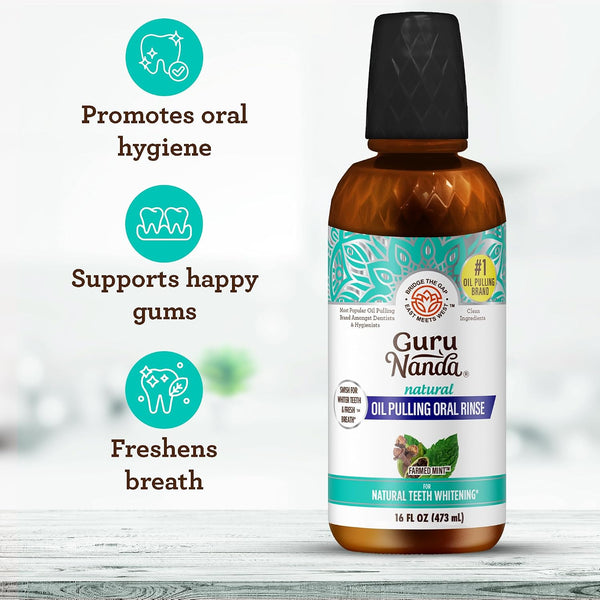 GuruNanda Farmed Mint Oil Pulling Mouthwash for Complete Oral Hygiene, 7 Essential Oils & Vitamins for Happy Teeth & Gums & Fresh Breath,