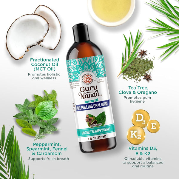 Gurunanda Cocomint Oil Pulling Mouthwash for Complete Oral Hygiene, 7 Essential Oils & Vitamins for Happy Teeth & Gums & Fresh Breath ,