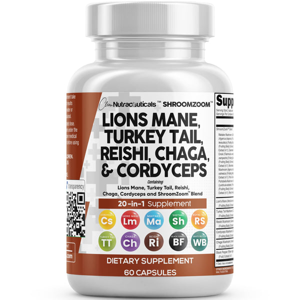 Clean Nutraceuticals Lions Mane 20in1 Mushroom Supplement with Turkey Tail Reishi Cordyceps Chaga Maitake Meshima Poria Cocos Shiitake Oyster