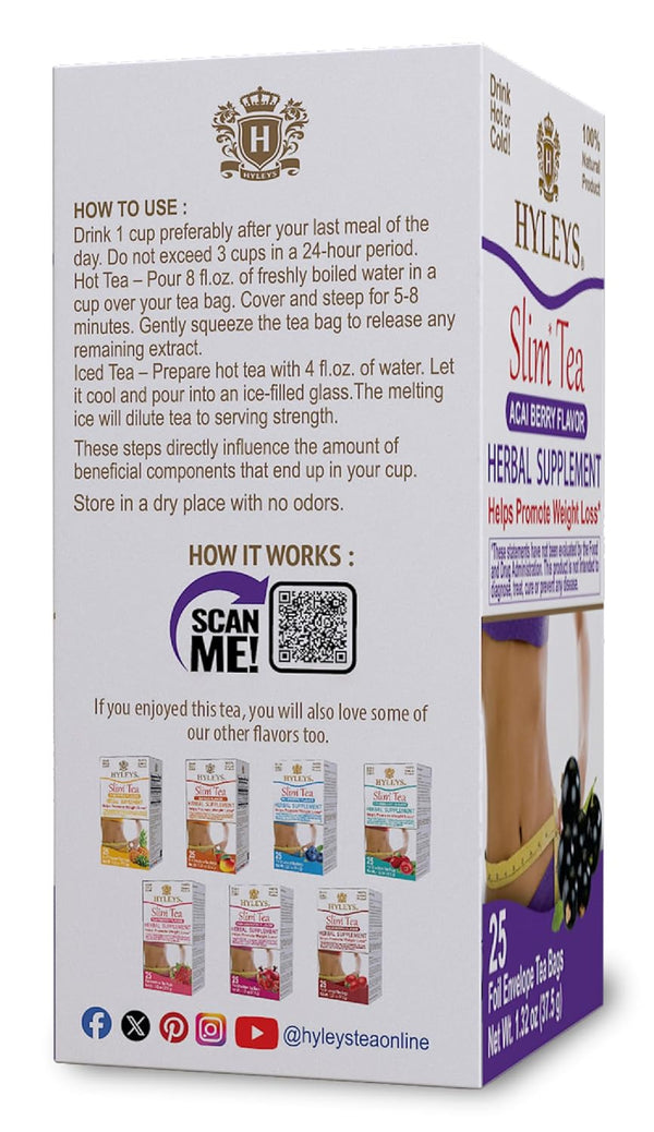 Hyleys Slim Tea Acai Berry Flavor - Weight Loss Herbal Supplement Cleanse and Detox - 25 Tea Bags (1 Pack)