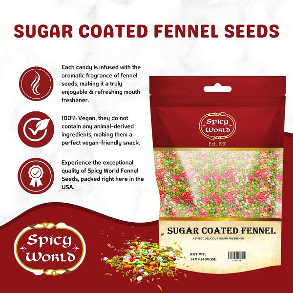 Spicy World Sugar Coated Fennel Seeds | Sweet Saunf Candy for Mouth Freshening - 14 Oz (400g) Pack | Premium Quality Fennel Mouth Freshener |