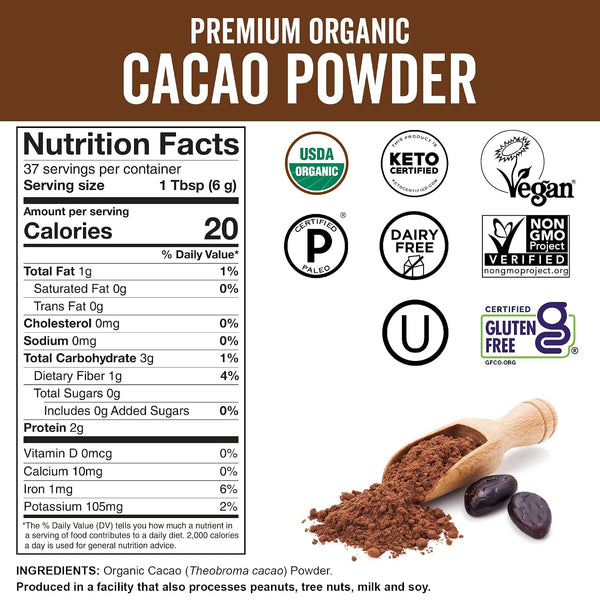 Organic Cacao Powder, Unsweetened, 8 oz (227 g) – Rich Dark Chocolate Flavor, Perfect for Baking, Smoothies & Hot Chocolate – Vegan, Keto, Paleo,