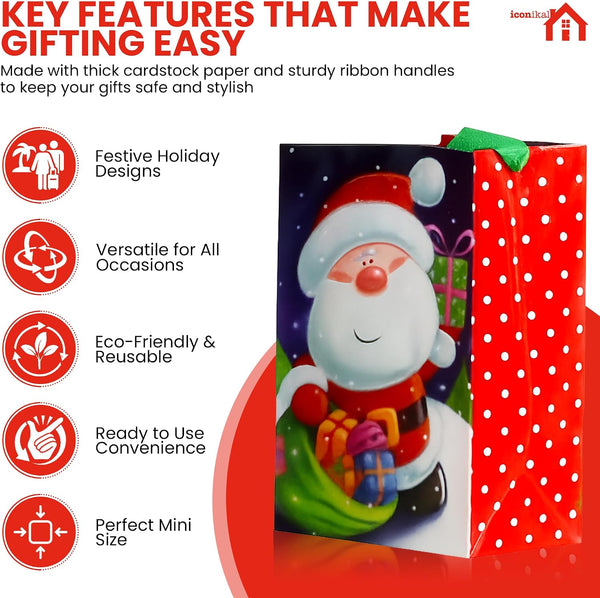 Iconikal 20-Pack Christmas Gift Bags, Small 4x6x2.5-Inch, Snowman Santa Reindeer, Ribbon Handles