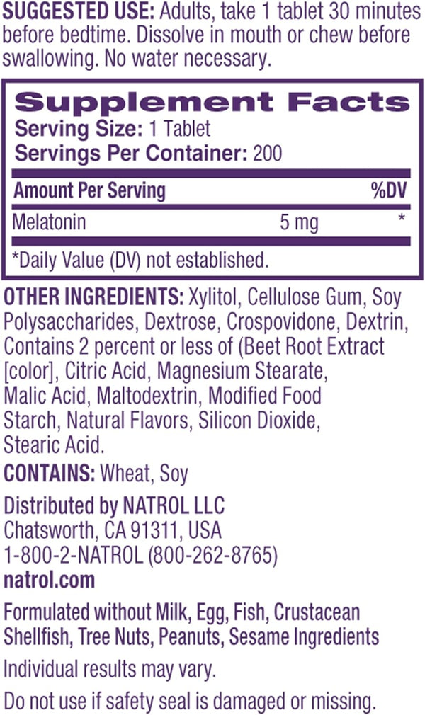 Natrol Melatonin 5Mg Fast Dissolve Tablets, Sleep Support Supplements for Adults, Strawberry Flavor, 200 Tablets, up to 200 Day Supply