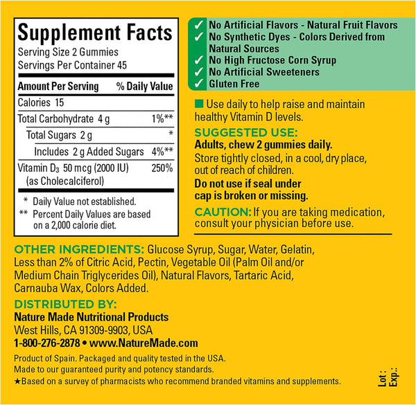 Nature Made Vitamin D3 2000 IU (50 mcg) per Serving, 90 Vitamin D Gummies 90 Count (Pack of 1)