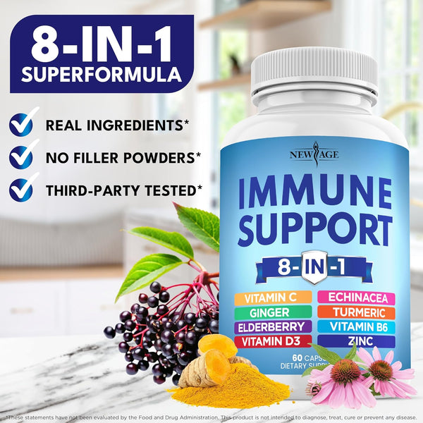 NEW AGE 8 in 1 Immune Support Booster Supplement with Echinacea, Vitamin C and Zinc 50Mg, Vitamin D 5000 IU, Turmeric Curcumin & Ginger, B6,