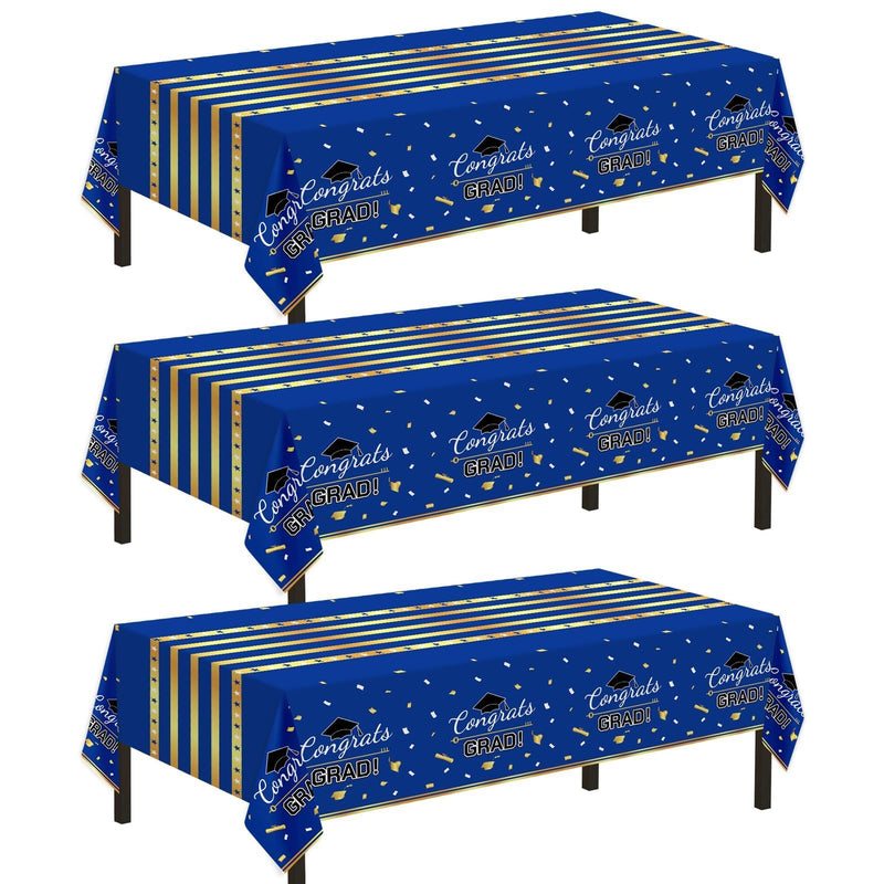 Childom 3 Pack Graduation Tablecloth,Graduation Decorations Class of 2026 Graduation Party Decorations,54"x108" Blue and Gold Plastic Table Cloth