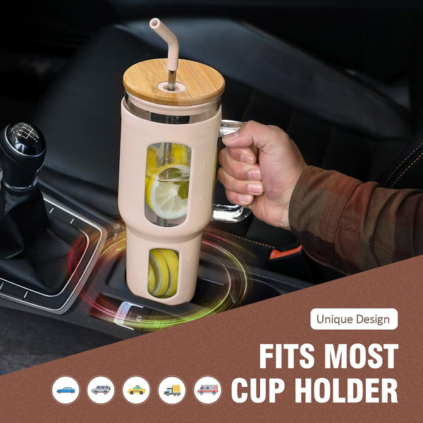 Glass Tumbler with Lid and Straw, 46 Oz Iced Coffee Cup with Handle, Glass Water Bottles with Silicone Sleeve, Glass Cup with Straws - Pearl Straw