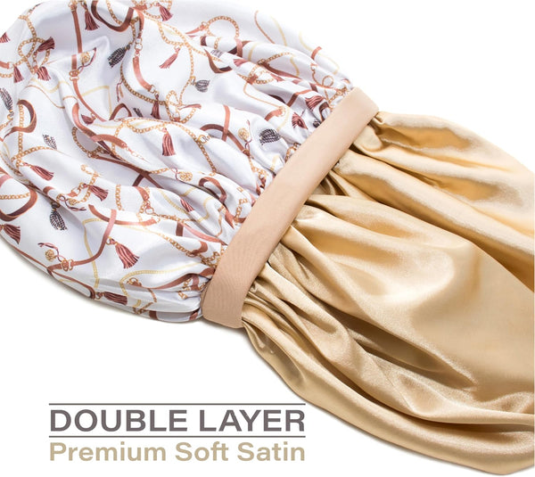 CAPLORD Silk Satin Bonnet for Men Women Hair Bonnets for Sleeping, Sleep Bonnet for Natural Curly Hair Unisex Satin Cap One Size Beige Chains