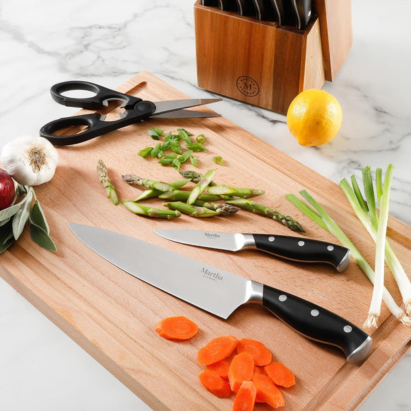 Martha Stewart Greeley Forged High Carbon Stainless Steel 14 Piece Knife Block Set, Black Kitchen Knife Set with Acacia Wood Block, Chef Knife,