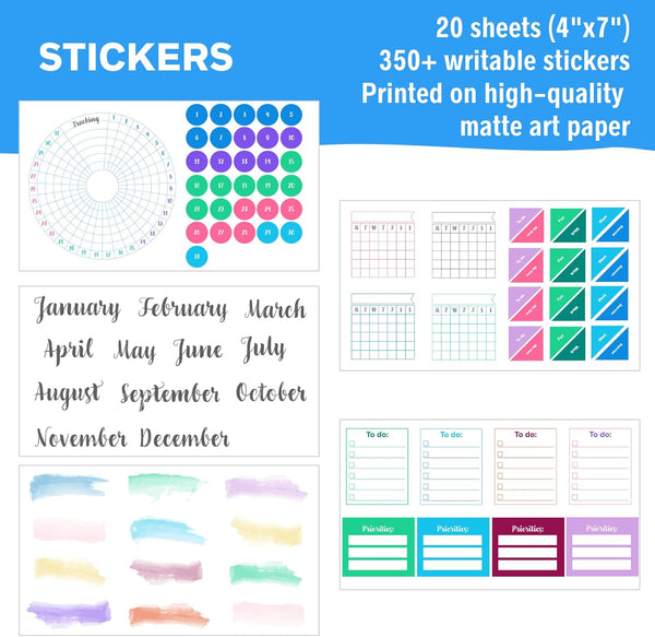Ultimate Productivity Stencils & Stickers - X20 Sheets of Planner Stickers, X6 Stencils - Calendars, to Do Lists, Habit Trackers, Goals -