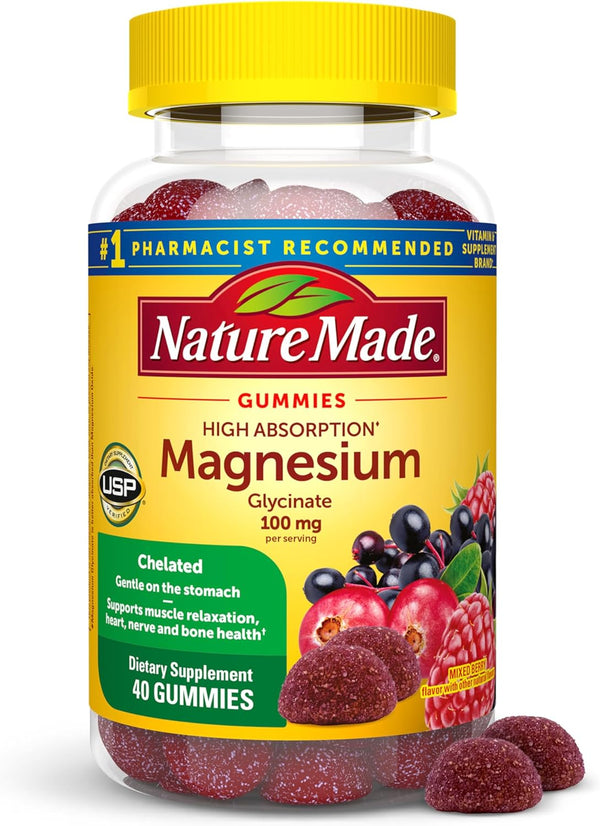 Nature Made High Absorption Magnesium Glycinate Gummies 100 Mg per Serving, Muscle, Nerve, Bone and Heart Support, Magnesium Supplement, 40