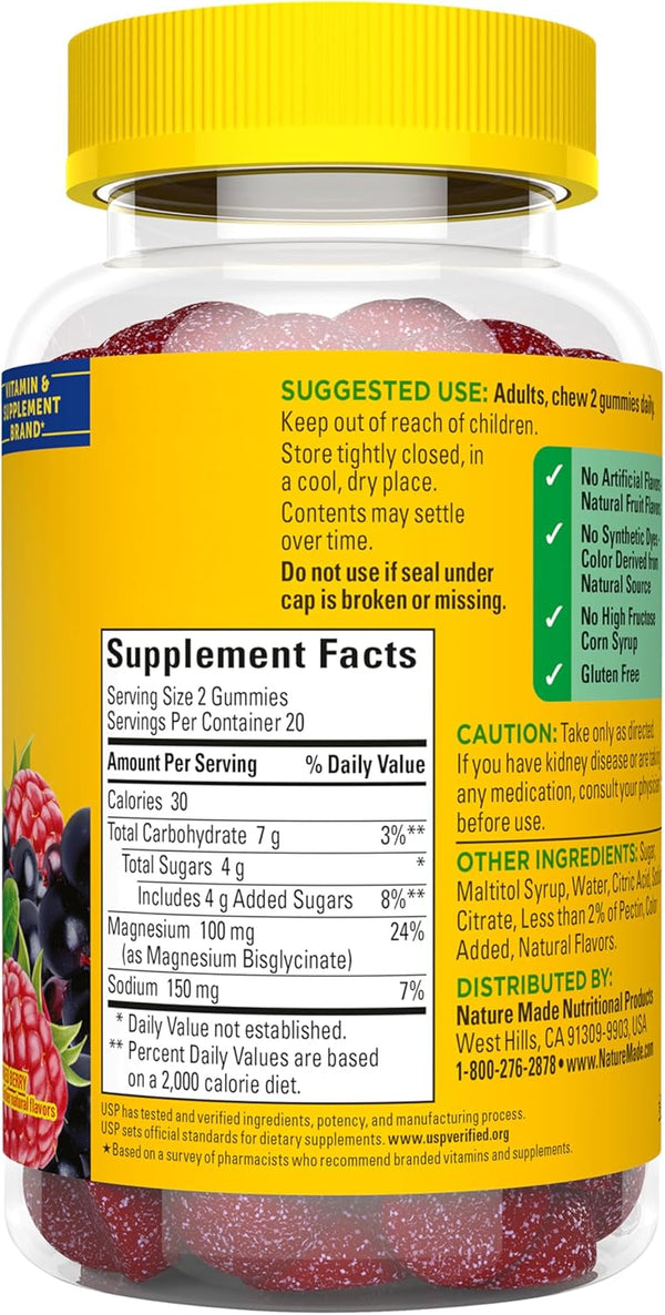 Nature Made High Absorption Magnesium Glycinate Gummies 100 Mg per Serving, Muscle, Nerve, Bone and Heart Support, Magnesium Supplement, 40
