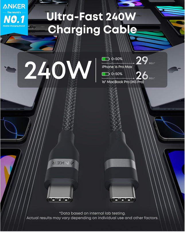 Anker Nano USB C Cable, 240W 3FT Flexible Multi-Color Braided Cord, Fast Charging Type C Charger for Iphone 16 Series, M