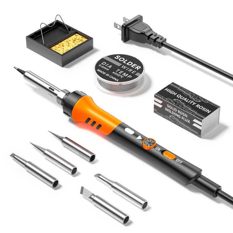 60W Adjustable Temperature Soldering Iron Kit - 9-in-1 With 5 Tips, Solder Wire Stand for Soldering and Repair Orange