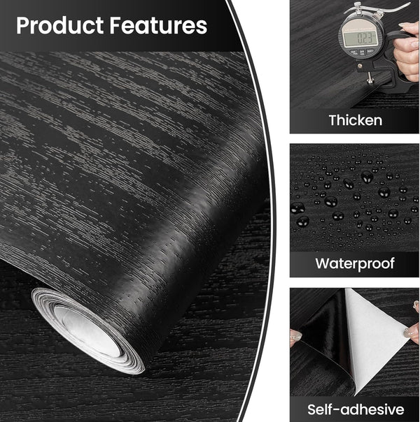 Abyssaly Black Contact Paper Peel and Stick - Wood Wallpaper Decorative Self-Adhesive Removable Vinyl Film - Easy to Install Thickening Upgrade