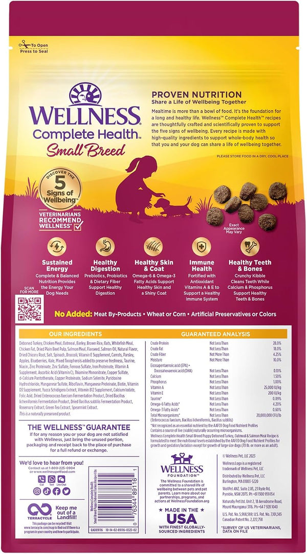 Wellness Complete Health Puppy Dry Dog Food, Small Breed, Wholesome Grains, Natural, Chicken, Oatmeal, & Salmon Recipe, (4-Pound Bag)