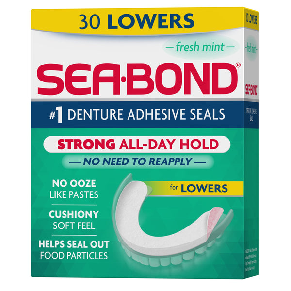 Sea Bond Secure Denture Adhesive Seals, Fresh Mint Lowers, Zinc-Free, All-Day-Hold, Mess-Free, 30 Count (Pack of 1) 30 Count (Pack of 1) Lowers