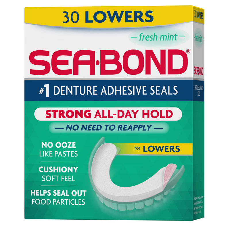 Sea Bond Secure Denture Adhesive Seals, Fresh Mint Lowers, Zinc-Free, All-Day-Hold, Mess-Free, 30 Count (Pack of 1) 30 Count (Pack of 1) Lowers