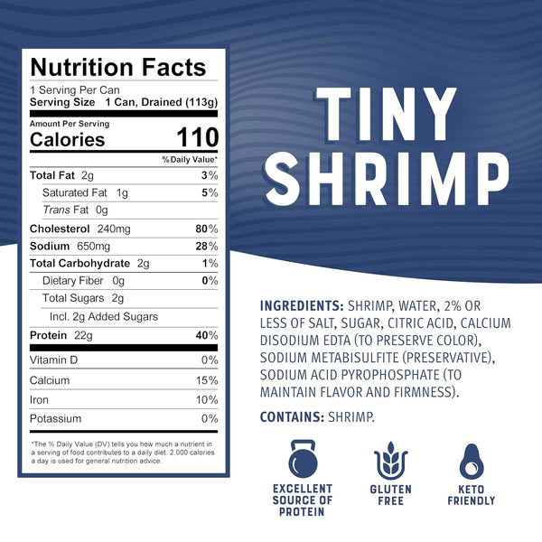 Bumble Bee Tiny Canned Shrimp, 6 oz Can (Pack of 1) - Served in Water, Cooked, Peeled, Deveined - 22g Protein per Serving - Gluten Free Tiny