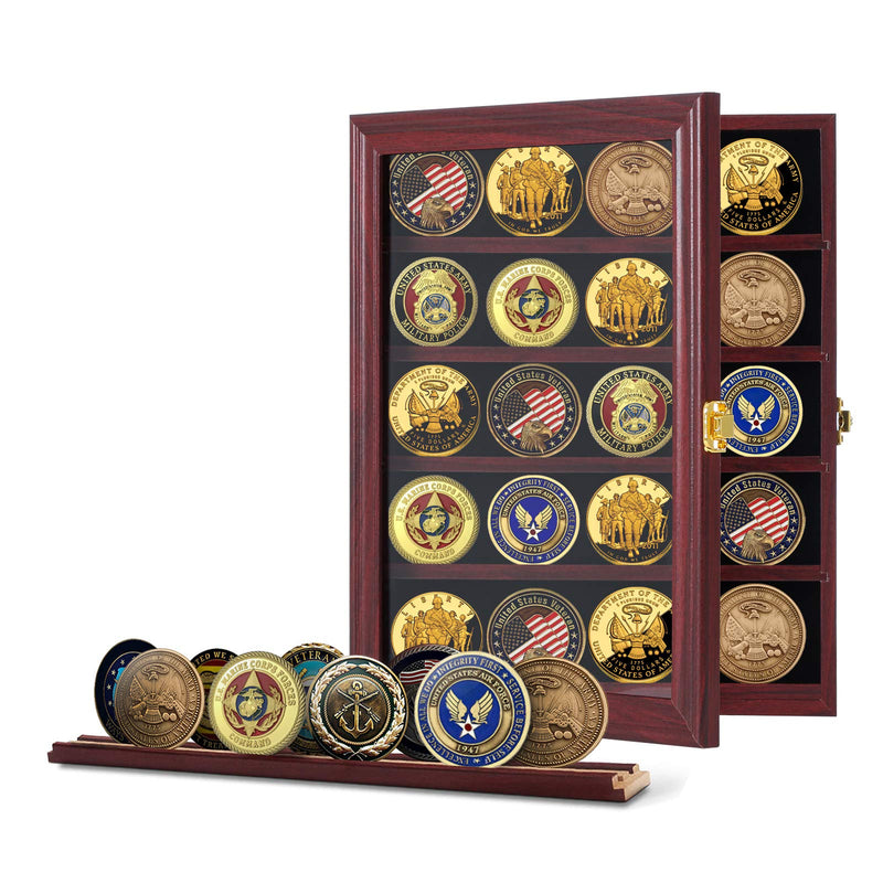 Jinchuan Military Challenge Coin Display Case Lockable Cabinet Rack Holder Shadow Box with Removable 2 Grooves Shelves and Anti Dust Door for