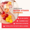 iRestore Biotin Gummies 10,000 mcg - 3 Natural Fruit Flavors, Hair Vitamins Multi Supplement for Hair Skin and Nails for Women & Men, 60 Vegan