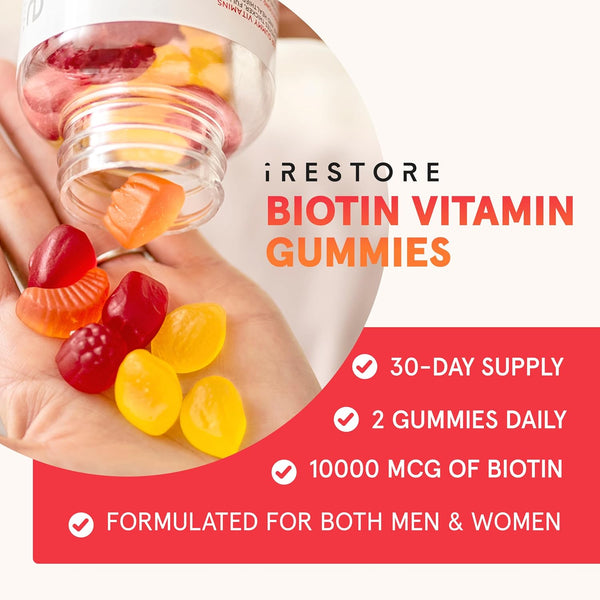 iRestore Biotin Gummies 10,000 mcg - 3 Natural Fruit Flavors, Hair Vitamins Multi Supplement for Hair Skin and Nails for Women & Men, 60 Vegan