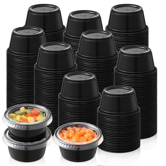 AOZITA 200-2 Oz Black Jello Shot Cups, Portion Cups, Small Plastic Containers with Lids, Airtight Souffle Cups, Salad Dr