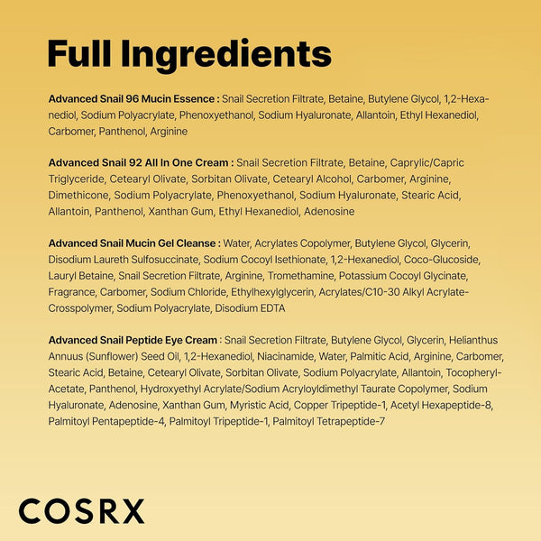 COSRX All about Snail Mucin Korean Skin Care Set, Mini Travel Essentials, Travel Size Gift Set with Snail Mucin Face Wash, Serum, Moisturizer &