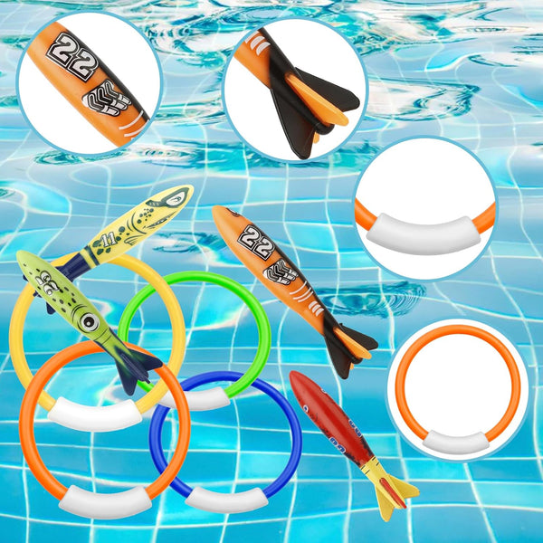 8 Pack Pool Toys, Shark Underwater Training Pool Diving Rings & Torpedo for Kids Ages 4-12, Summer Swim Water Fun Multicolored