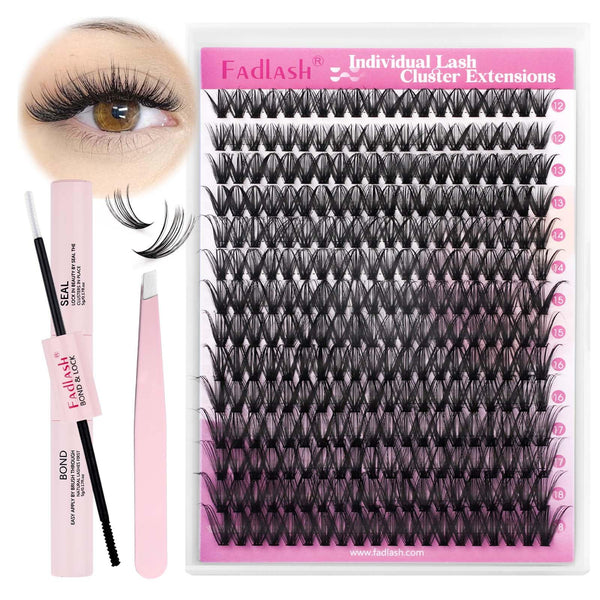 FADLASH DIY Lash Extension Kit Individual Lashes Cluster D Curl Eyelash Extension Kit with Lash Bond and Seal and Lash Applicator Tool for Self