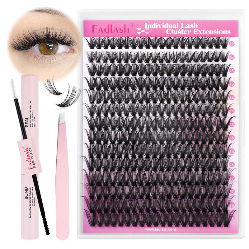 FADLASH DIY Lash Extension Kit Individual Lashes Cluster D Curl Eyelash Extension Kit with Lash Bond and Seal and Lash Applicator Tool for Self