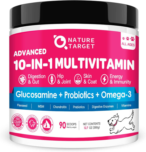 NATURE TARGET Dog Vitamins Powder, Probiotics & Digestive Enzymes for Gut Health, Glucosamine & Chondroitin & Omega 3, Complete Supplement for