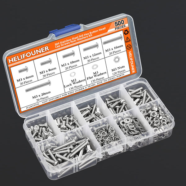 HELIFOUNER 500 Pieces M3 x 6mm /8mm /10mm /12mm /16mm /20mm, Hex Button Head Cap Metric Screws Bolts Washers Nuts Kit, 304 Stainless Steel