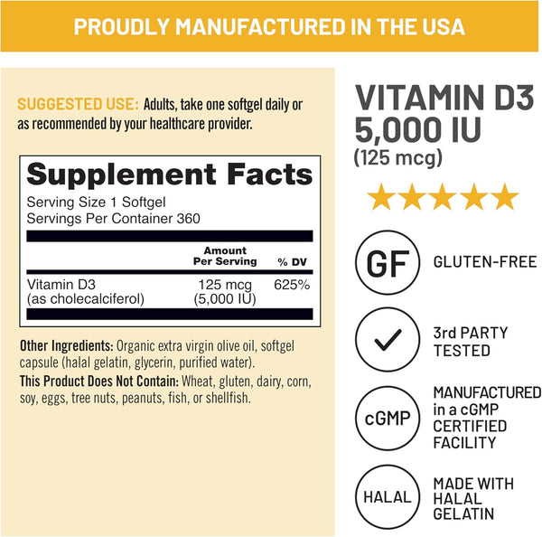Naturewise Vitamin D3 5000Iu (125 Mcg) 1 Year Supply for Immune Support, Healthy Muscle Function, and Bone Health - Non-Gmo, Gluten Free in