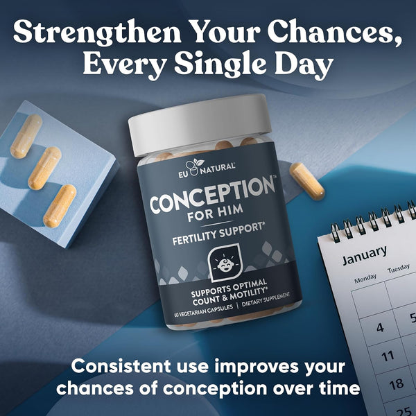 Eu Natural Conception for Him - Male Fertility Supplements with Ashwagandha, Folate & Zinc - Sperm Count, Motility & Strength Support - Fertility