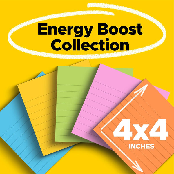 Post-it Super Sticky Notes, 4 x 4 in, Neon Fizz, 6 Lined Pads | School Supplies and Oﬃce Supplies, 2X the Sticking Power 4" x 4"