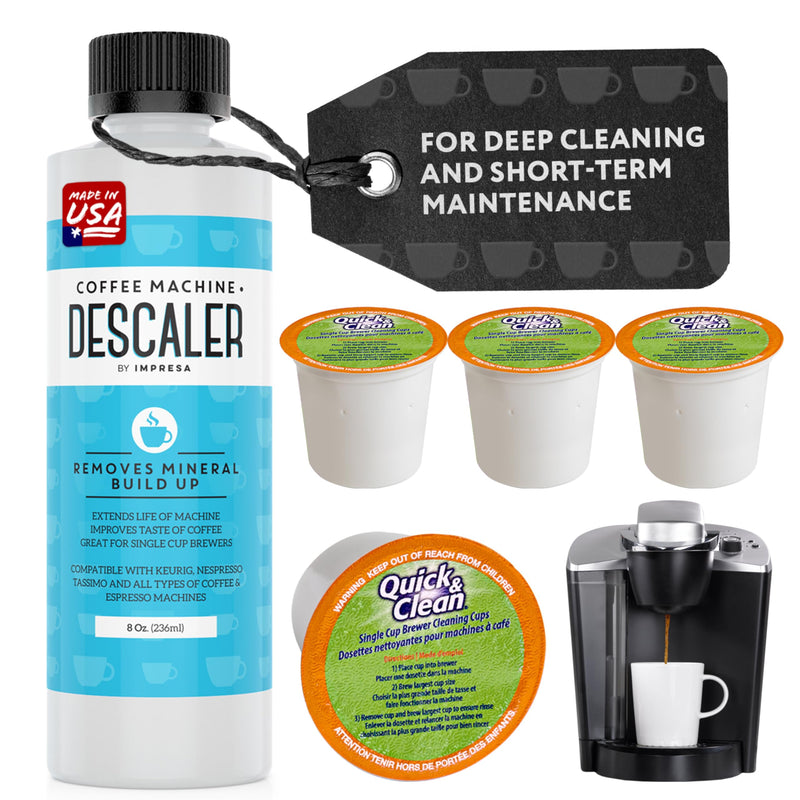 IMPRESA Coffee Machine Descaler & Cleaning Bundle - Compatible with Keurig K-Duo & K-Cup Brewers - 8 Oz Descaling Solution & 4 Maintenance Pods -