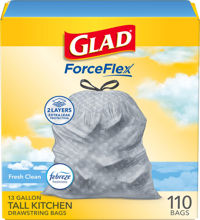 Glad Tall Kitchen Drawstring Trash Bags - Odorshield 13 Gallon White Trash Bag, 