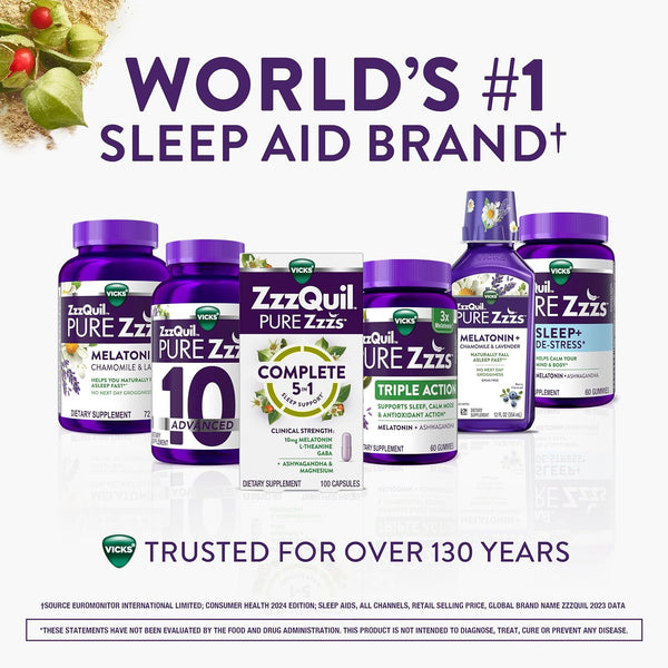 ZzzQuil Pure Zzzs Complete Sleep, Melatonin 10mg, L-Theanine, GABA, with Ashwagandha, and Magnesium, Melatonin Sleep Aid, 100 Count 100 Count