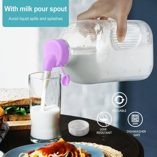 64 Oz Heavy Duty Glass Milk Bottle with Reusable Airtight Strong SCREW LID - 1/2 Gallon Water Bottles with Scale Lines - 2 Qt Glass Milk Jug