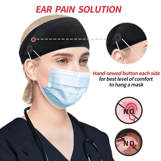 ABAMERICA Headbands with Button for Mask, Wide Nurses Headbands Non Slip Elastic Ear Protection for Women Men Doctors Sw