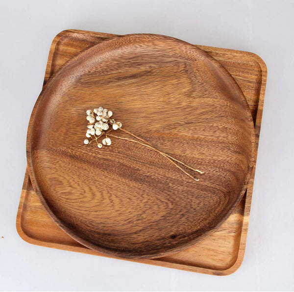 2 Pcs 10 Inch Acacia Wood Dinner Plates Set for Eating Wooden Round Charcuterie Boards Kitchen Serving Platters for Food Dishes Cheese Tray