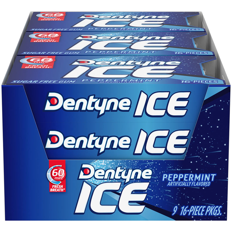 Dentyne Ice Peppermint Sugar Free Gum, 9 Packs of 16 Pieces (144 Pieces) | Chewing Gum, Perfect for Long Lasting Fresh Breath at School, Work &