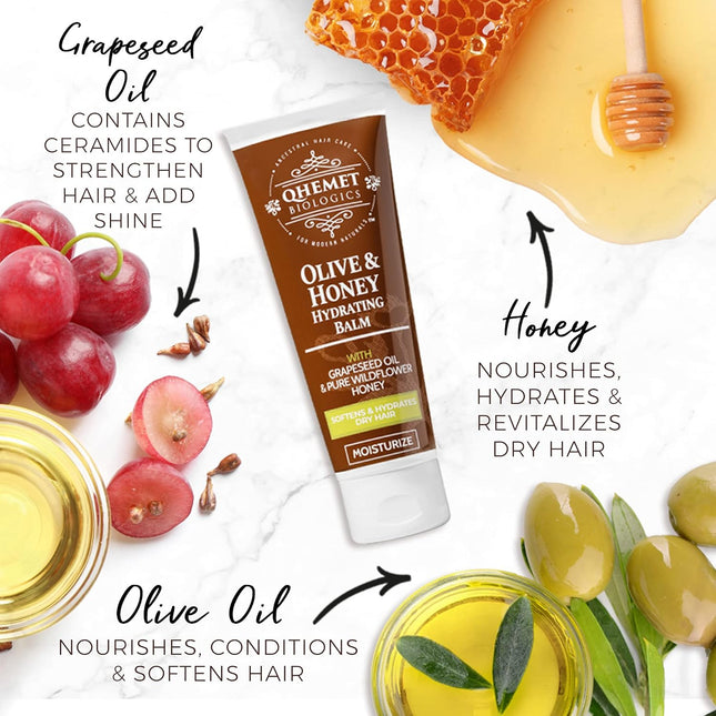 Qhemet Biologics Olive & Honey Hydrating Balm - Moisturizing Hair Balm for Smoot