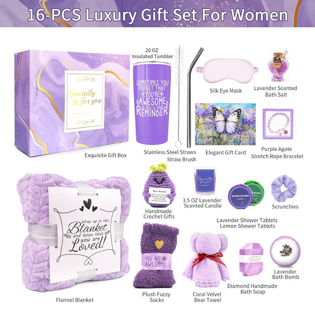 Gifts for Women Spa Basket, Lavender Spa Gift Basket,16 Pcs Self Care Package fo