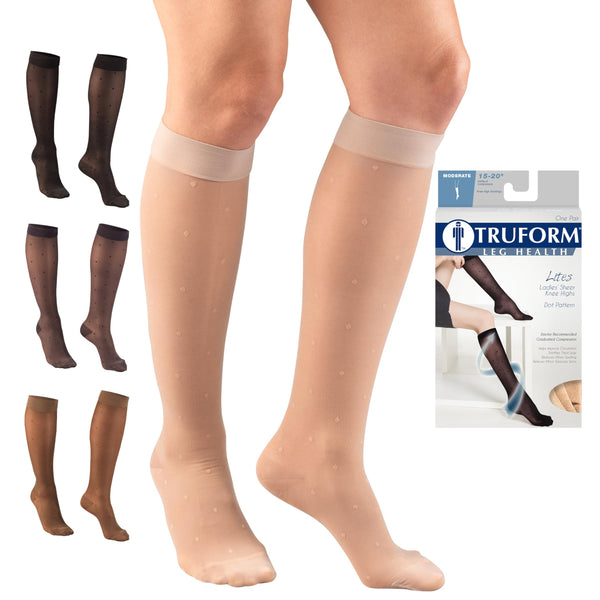 Truform Sheer Compression Stockings, 15-20 mmHg, Women's Knee High Length, Dot Pattern, Nude, Medium Nude Medium (1 Pair) Dot Pattern